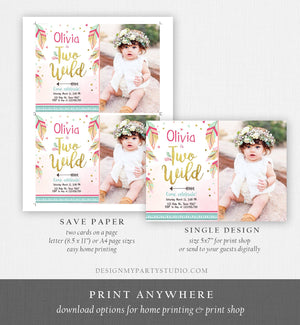Editable Two Wild Birthday Invitation Girl 2nd Birthday Tribal Boho Feathers Pink Gold Mint Download Printable Template Digital Corjl 0038