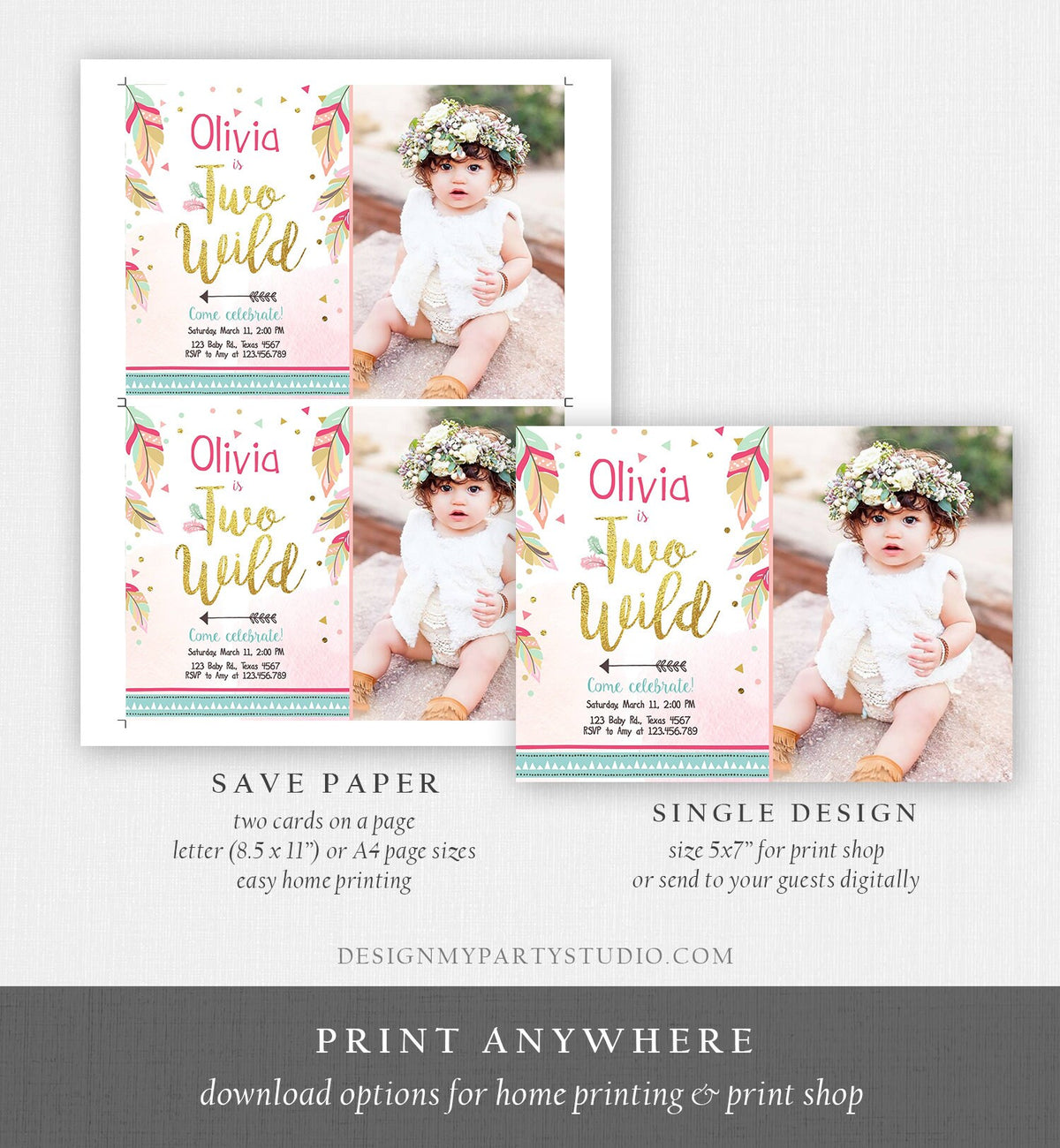 Editable Two Wild Birthday Invitation Girl 2nd Birthday Tribal Boho Feathers Pink Gold Mint Download Printable Template Digital Corjl 0038