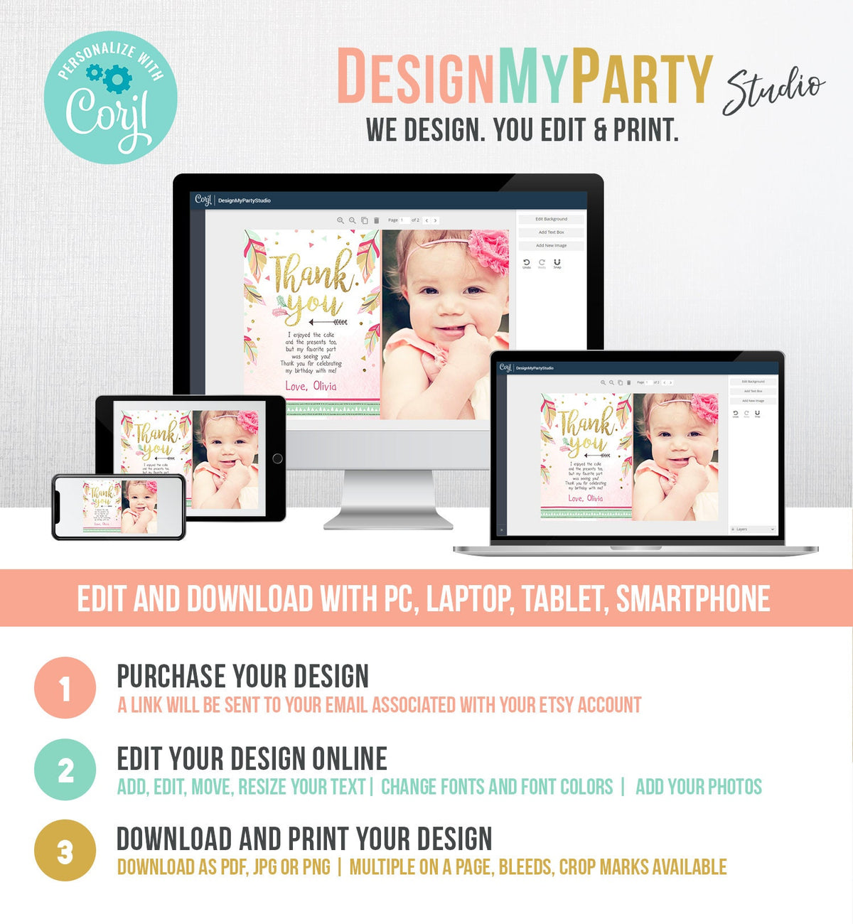 Editable Thank You Card Birthday Thank You Note Tribal Feathers Pink Mint Gold Wild One Digital Download Template Printable 0038