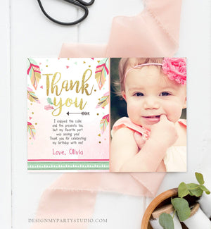 Editable Thank You Card Birthday Thank you Note Tribal Feathers Pink Mint Gold Wild One Download Printable Template Digital Corjl 0038