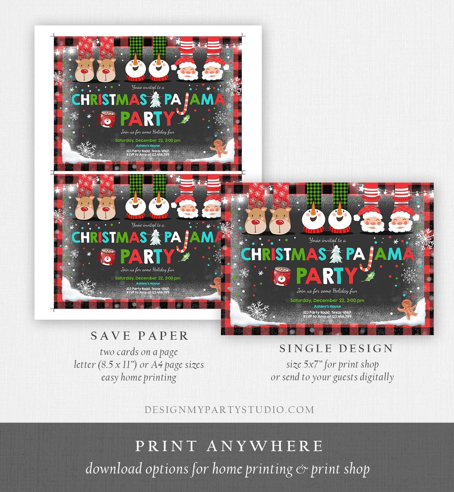 Editable Christmas Pajama Party Christmas Birthday Invitation Pancake Plaid Party Sleepover Digital Download Evite Template Printable 0274