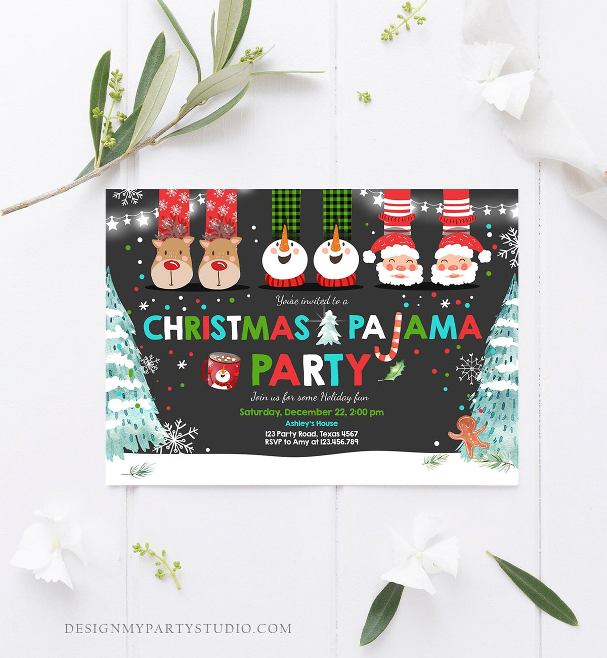 Editable Christmas Pajama Party Christmas Birthday Invitation Pancakes Xmas Party Sleepover Digital Download Evite Template Printable 0274