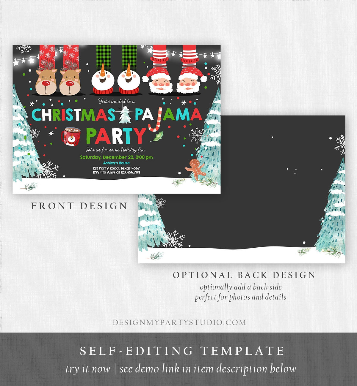 Editable Christmas Pajama Party Christmas Birthday Invitation Pancakes Xmas Party Sleepover Digital Download Evite Template Printable 0274