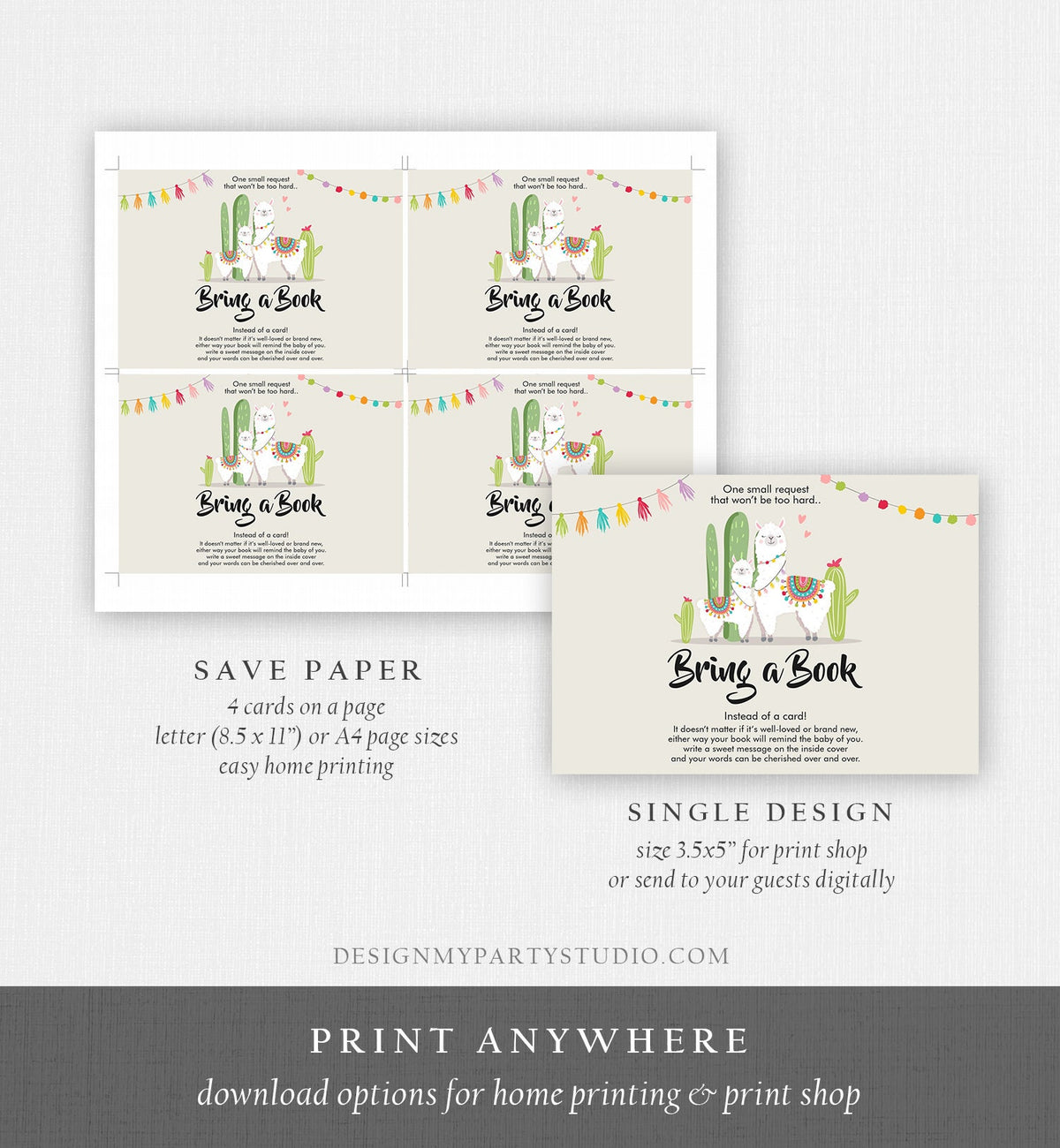 Editable Llama Bring a Book Card Llama Baby shower Book insert Books for baby Book Request Fiesta Cactus Digital Template Printable 0079