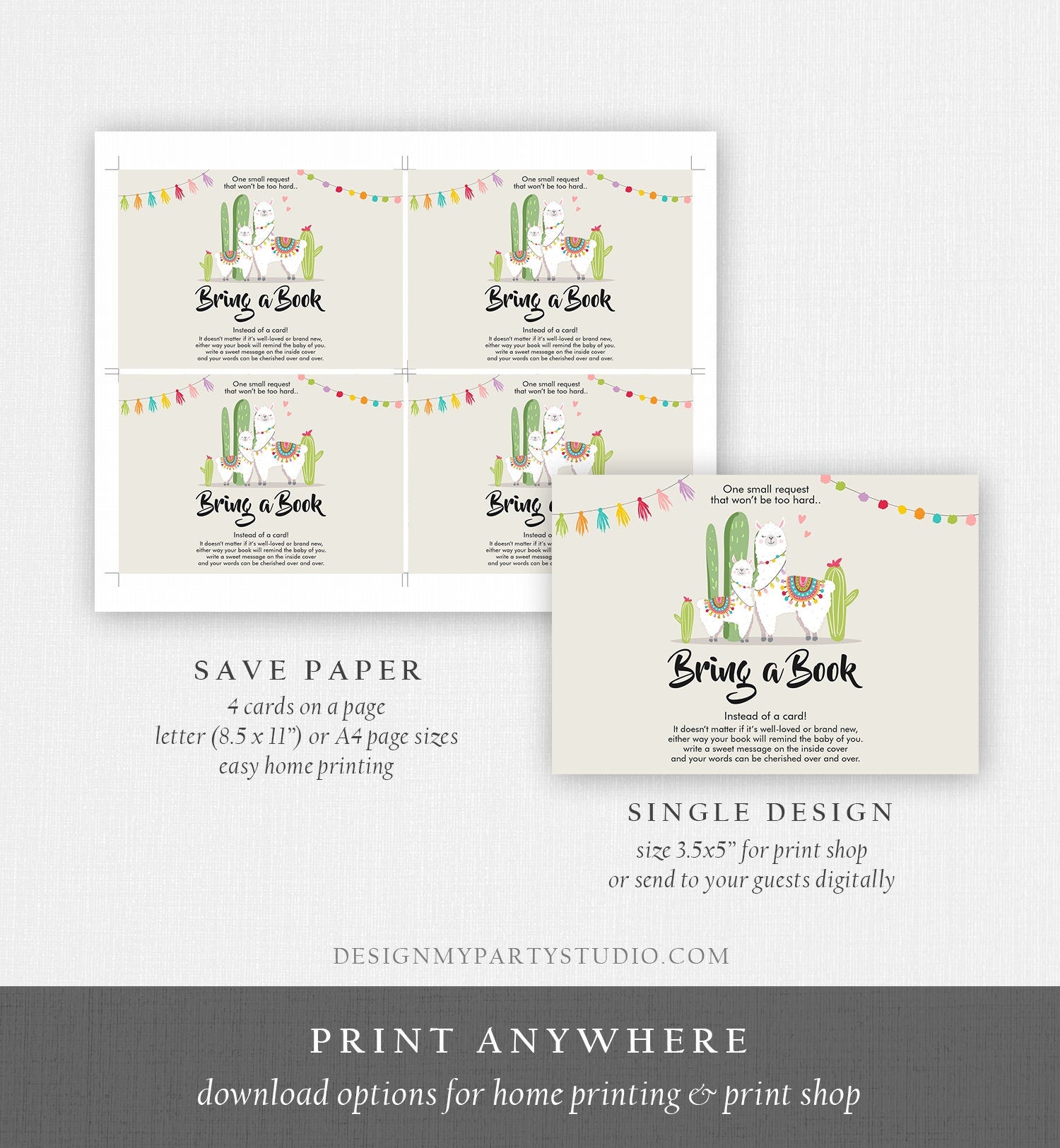 Editable Llama Bring a Book Card Llama Baby shower Book insert Books for baby Book Request Fiesta Cactus Digital Template Printable 0079