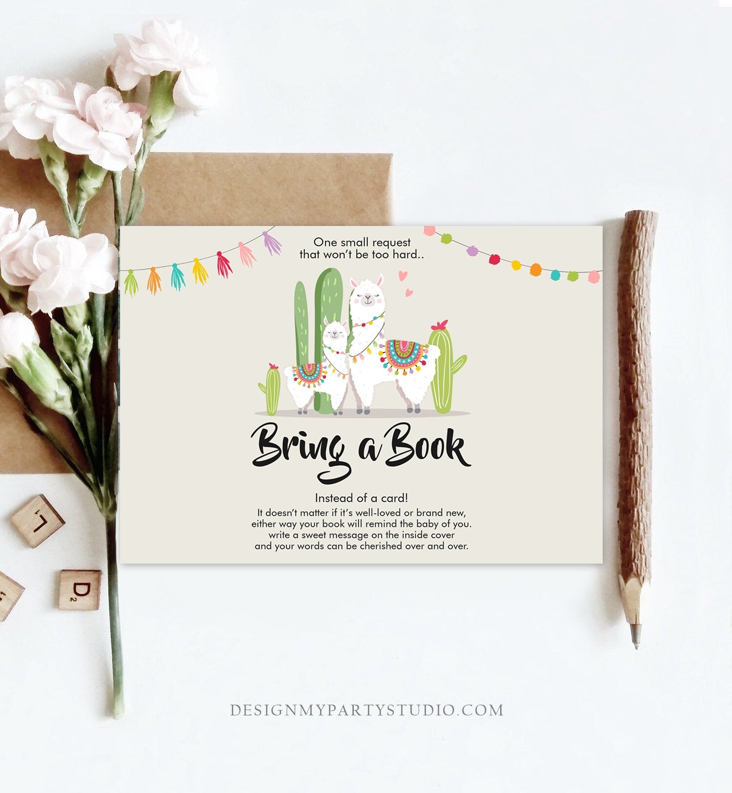 Editable Llama Bring a Book Card Llama Baby shower Book insert Books for baby Book Request Fiesta Cactus Digital Template Printable 0079