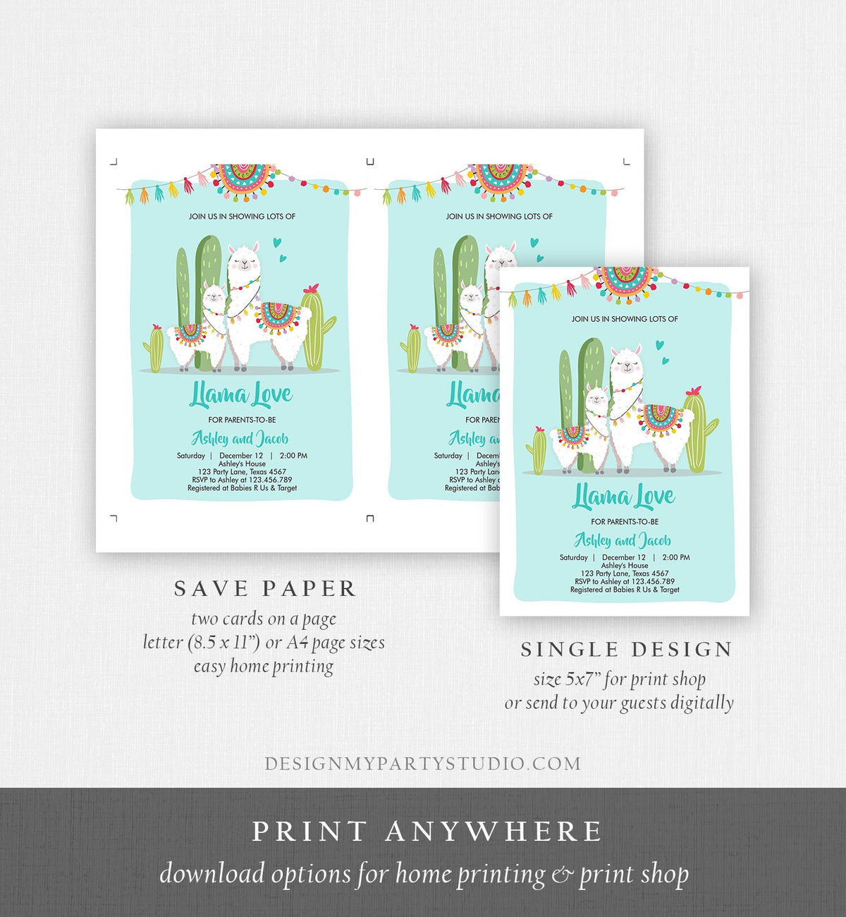 Editable Llama Baby Shower Invitation Blue Boy Llama Love Fiesta Cactus Mexican Couples Shower Digital Download Template Printable 0079