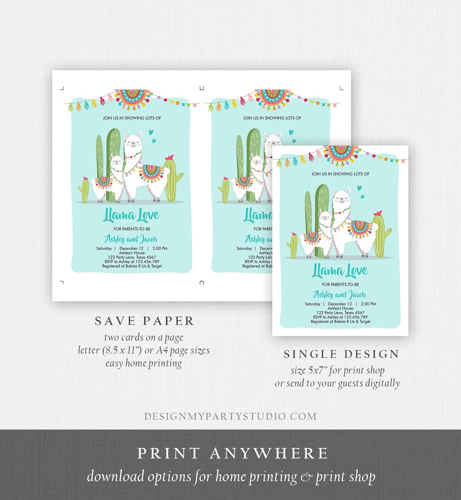 Editable Llama Baby Shower Invitation Blue Boy Llama Love Fiesta Cactus Mexican Couples Shower Digital Download Template Printable 0079