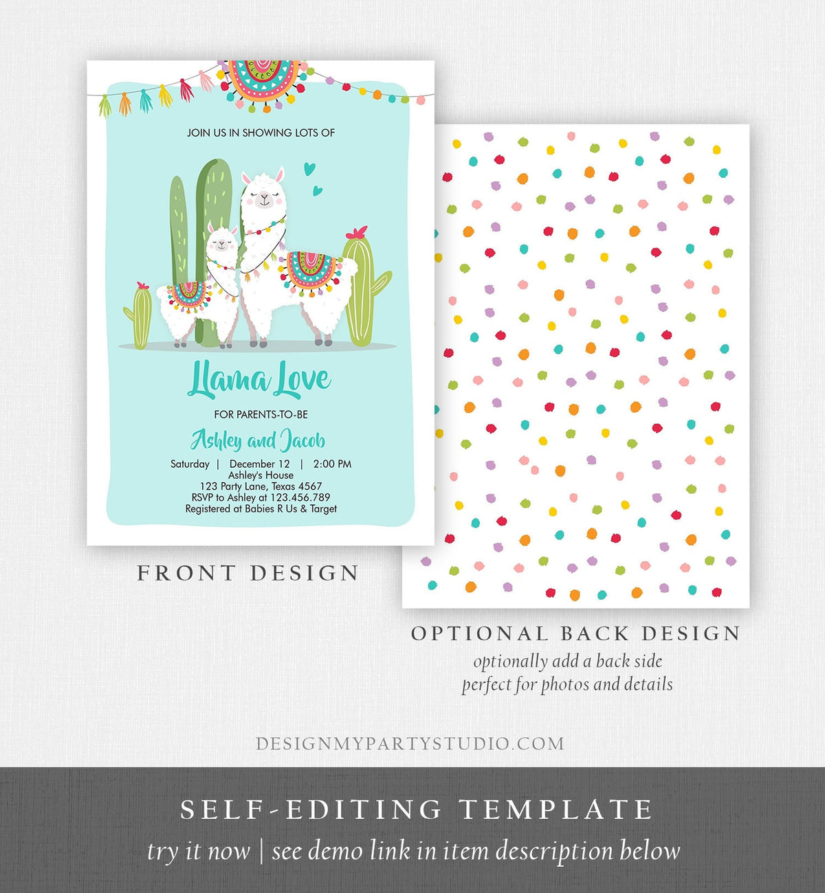 Editable Llama Baby Shower Invitation Blue Boy Llama Love Fiesta Cactus Mexican Couples Shower Digital Download Template Printable 0079