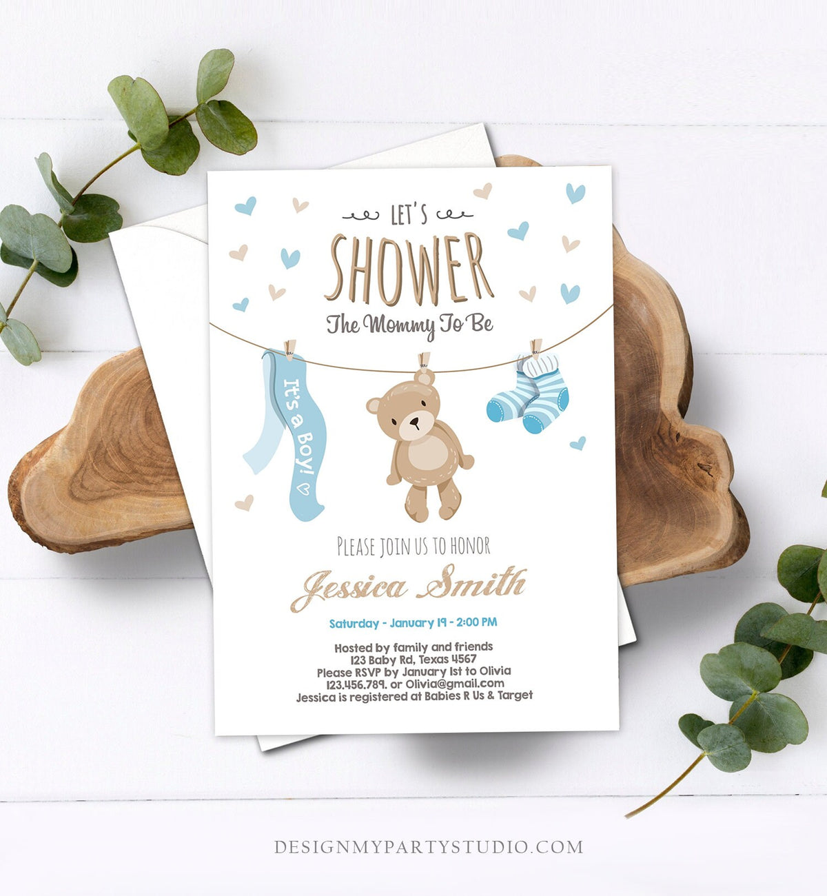 Editable Baby Shower Invitation Boy Teddy Bear Cute Baby Boy Blue Bear Little Cub Clothes Digital Download Evite Template Printable 0025