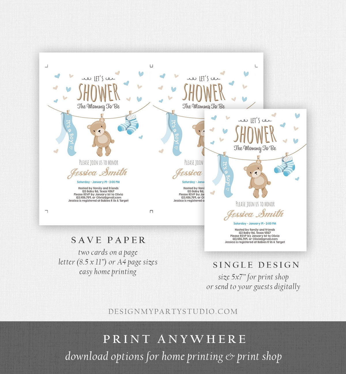 Editable Baby Shower Invitation Boy Teddy Bear Cute Baby Boy Blue Bear Little Cub Clothes Digital Download Evite Template Printable 0025