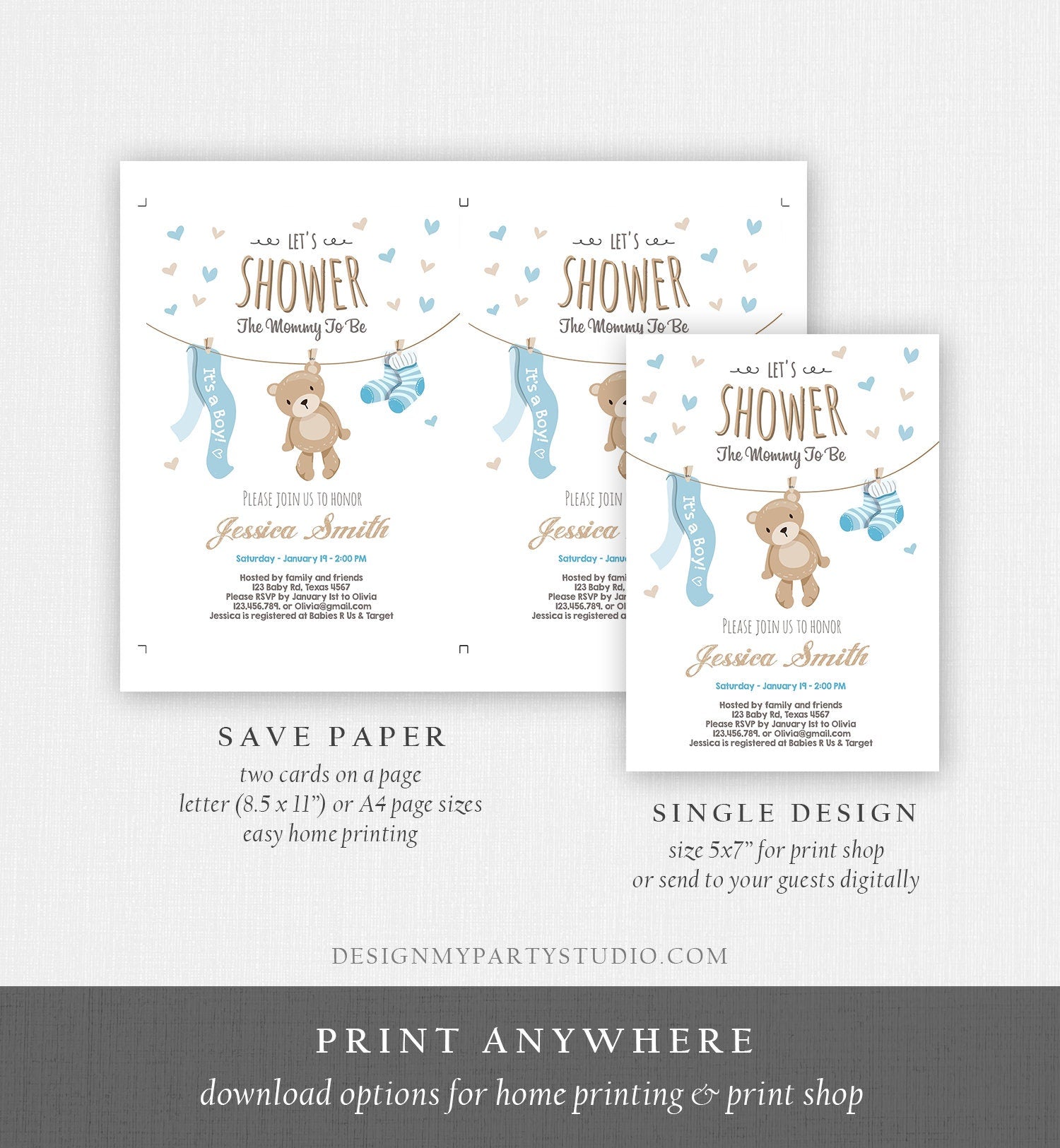 Editable Baby Shower Invitation Boy Teddy Bear Cute Baby Boy Blue Bear Little Cub Clothes Digital Download Evite Template Printable 0025