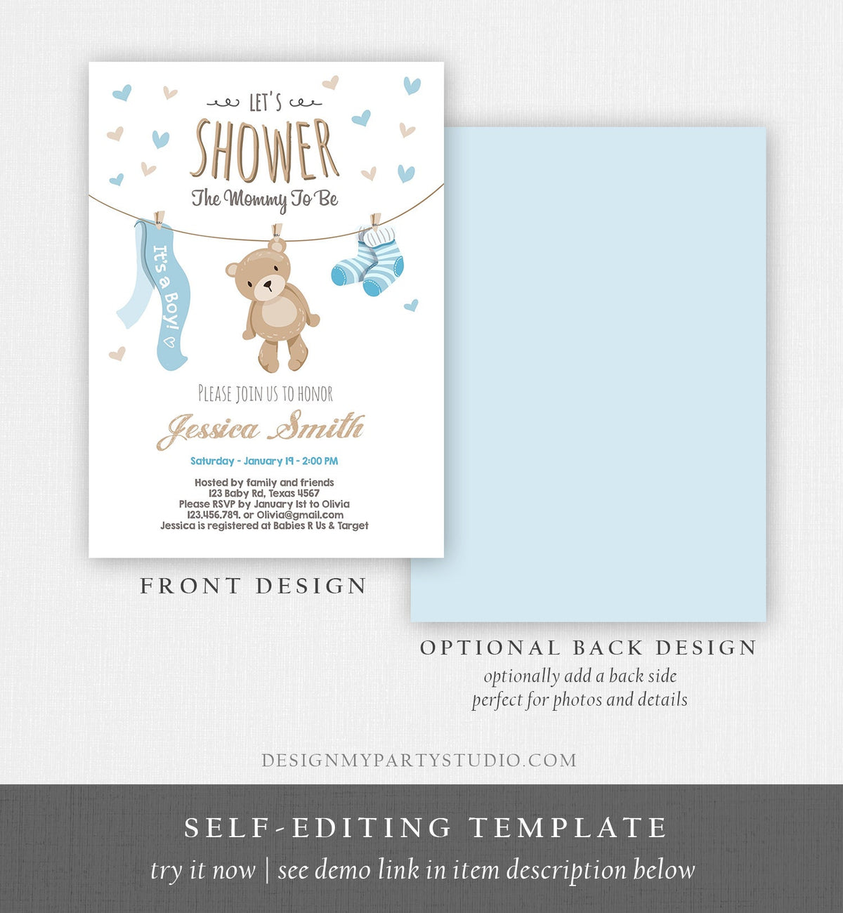 Editable Baby Shower Invitation Boy Teddy Bear Cute Baby Boy Blue Bear Little Cub Clothes Digital Download Evite Template Printable 0025