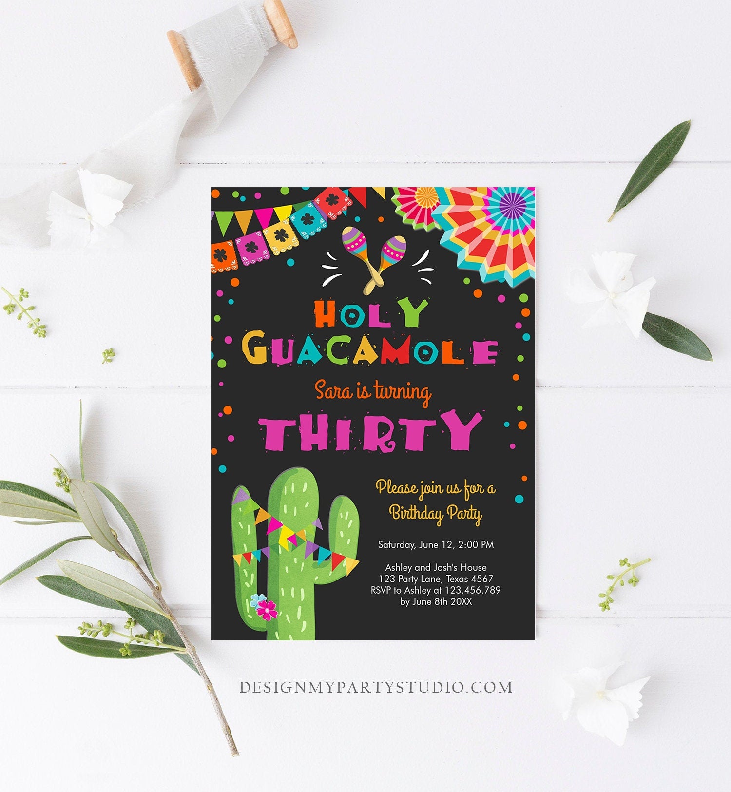 Editable ANY AGE Fiesta Birthday Invitation Holy Guacamole Adult Mexican Thirty Birthday Party Cactus 30th Corjl Template Printable 0045