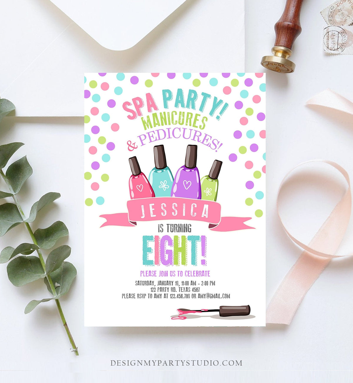 Editable Spa Birthday Invitation Manicures Pedicure Nail Salon Party Pink Purple Girl Instant Download Printable Corjl Template Digital 0210