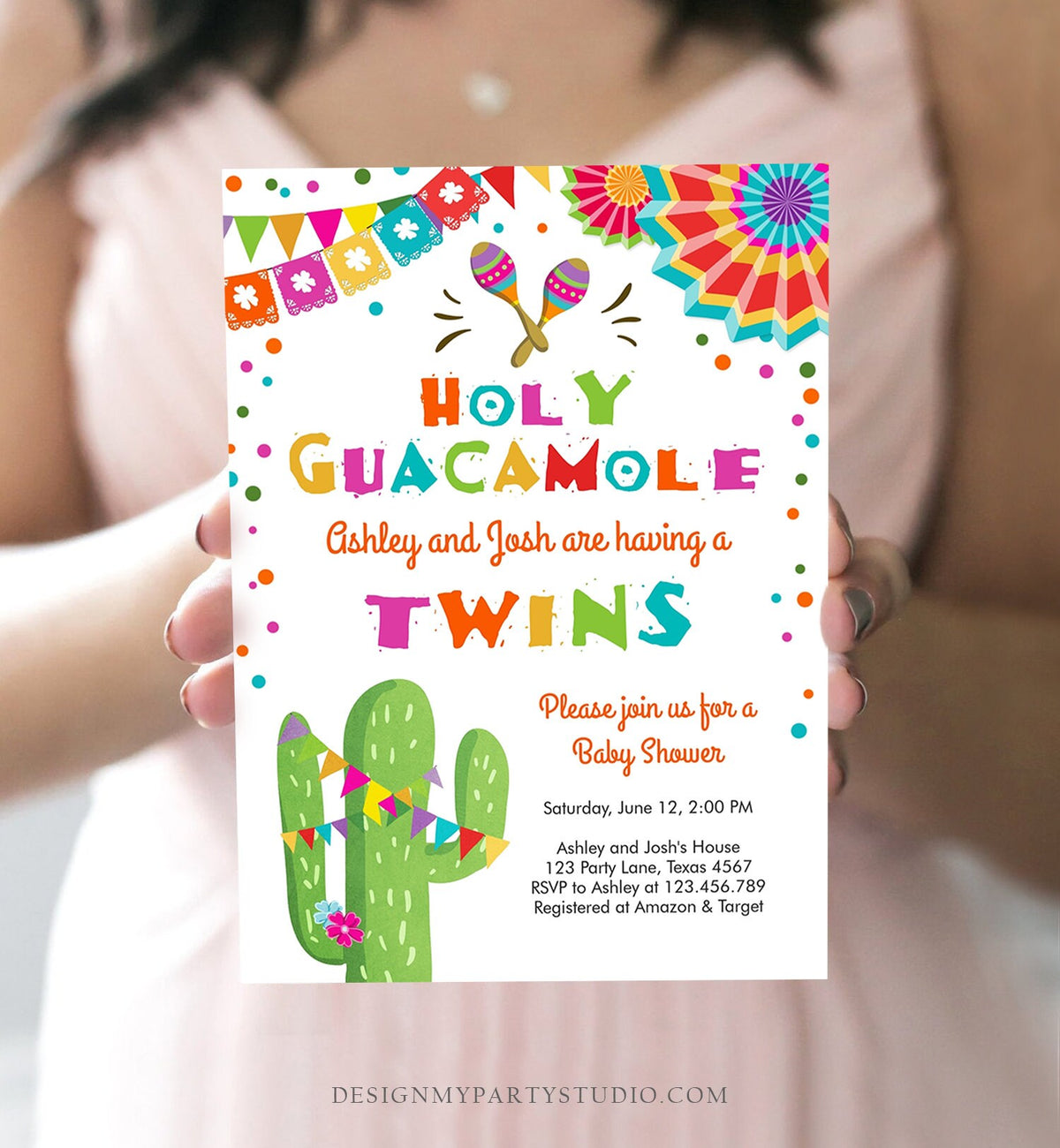 Editable Holy Guacamole Fiesta Baby Shower Invitation Twins Cactus Mexican Succulent Little Señor Senorita on the Way Corjl Template 0045