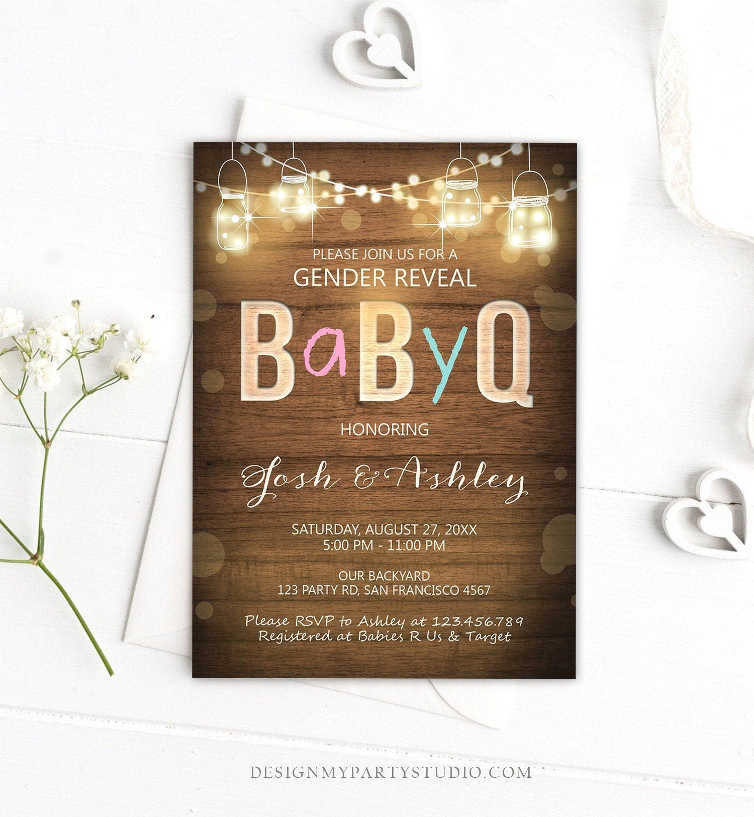 Editable Baby Q Gender Reveal Invitation Boy or Girl He or She Blue or Pink Rustic Wood Download Printable Template Digital Corjl 0015