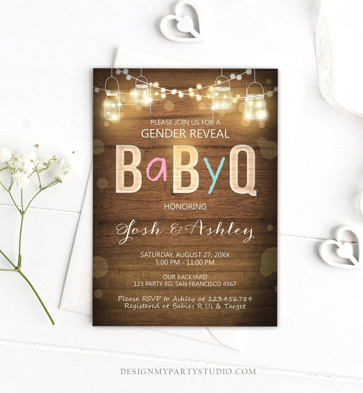 Editable Baby Q Gender Reveal Invitation Boy or Girl He or She Blue or Pink Rustic Wood Digital Download Evite Template Printable 0015