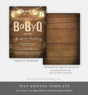 Editable Baby Q Invitation Coed BBQ Baby Shower Rustic Wood Lights Jars Gender Neutral Download Printable Template Digital Corjl 0015