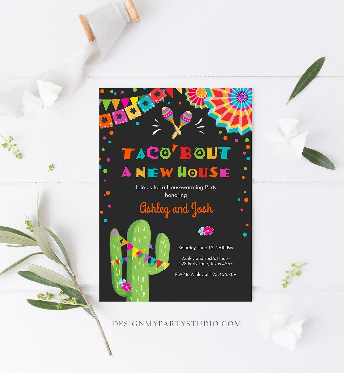 Editable Taco Bout A New House Housewarming Party Invitation Fiesta New Home Cactus Mexican Digital Download Corjl Template Printable 0045