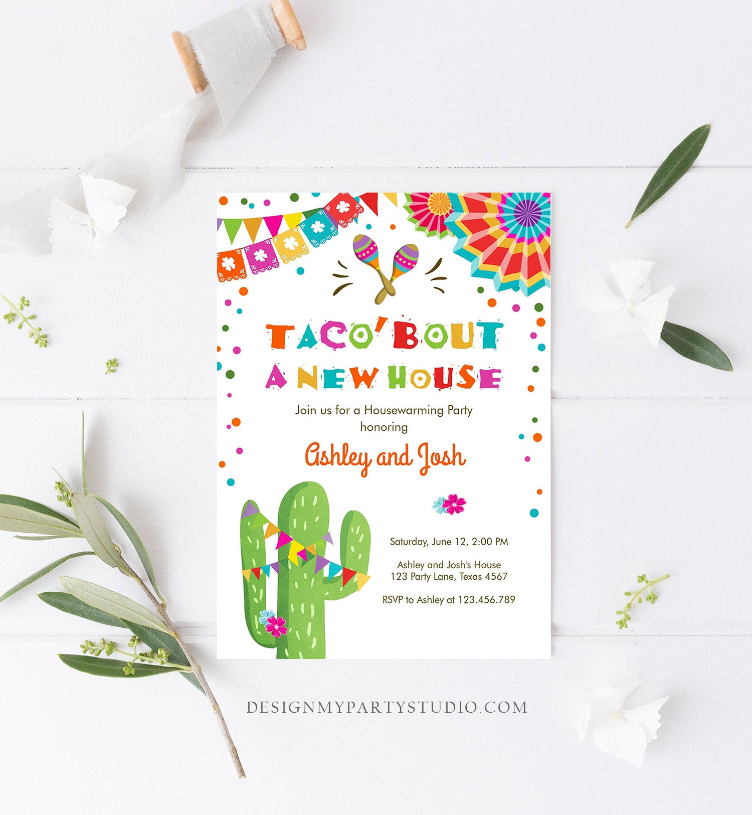 Editable Taco Bout A New House Housewarming Party Invitation Fiesta New Home Cactus Mexican Digital Download Corjl Template Printable 0045