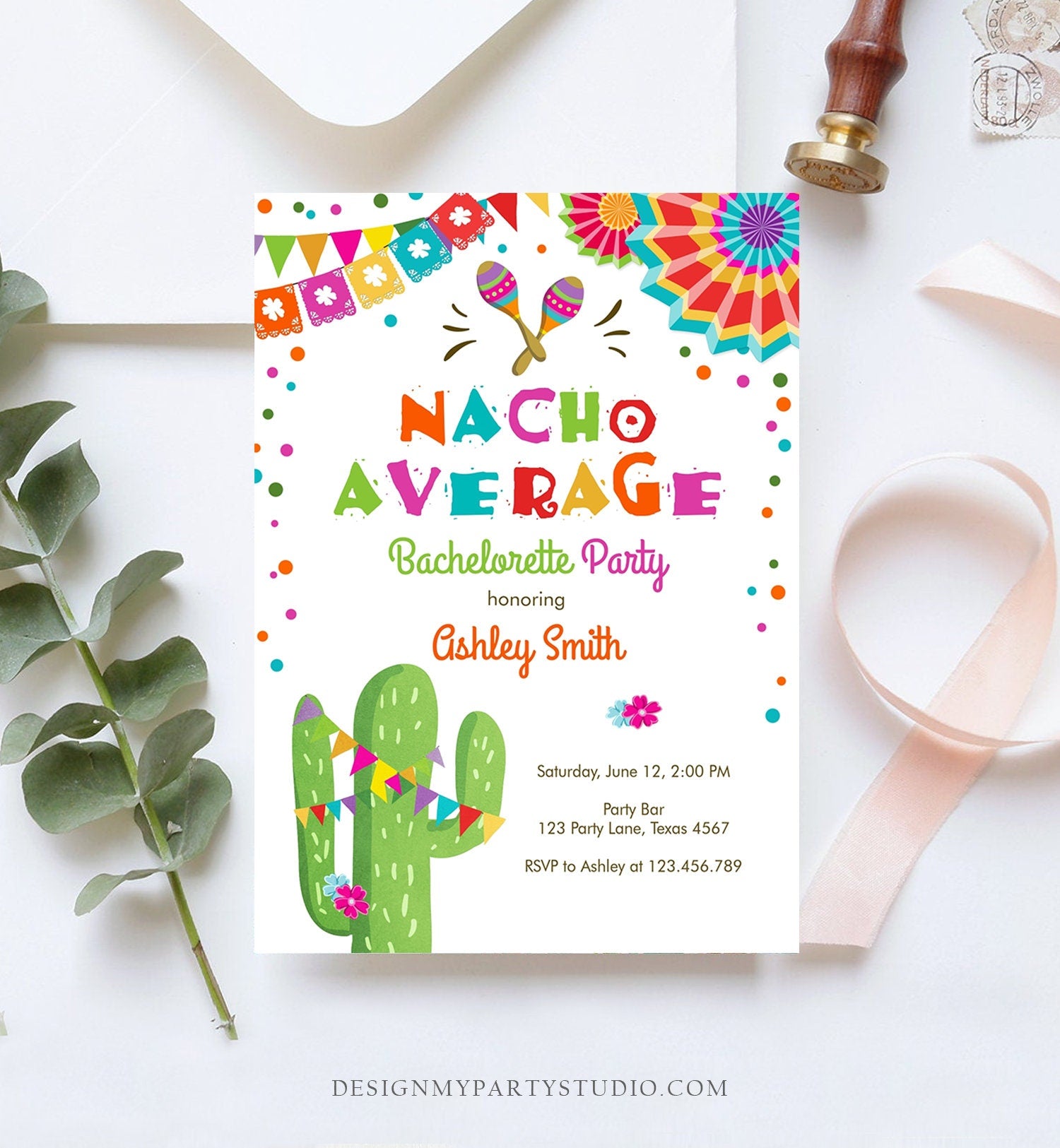 Editable Nacho Average Bachelorette Party Invitation Cactus Pink Let&#39;s Fiesta Mexican Bridal Shower Digital Download Corjl Template 0045