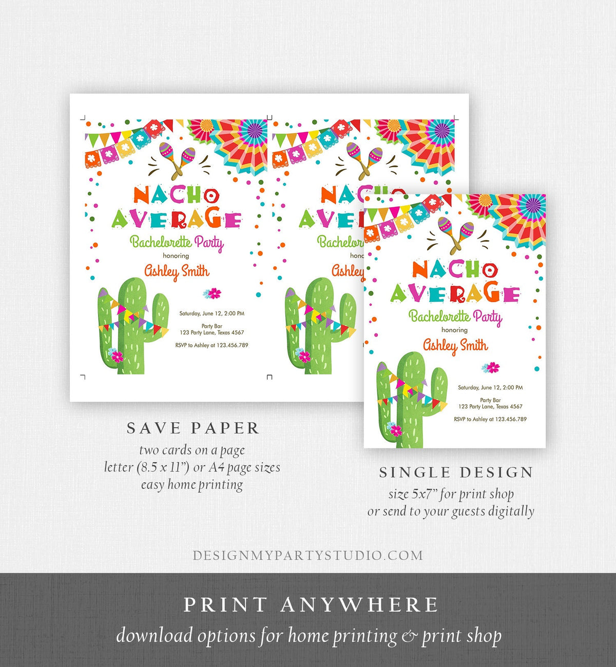 Editable Nacho Average Bachelorette Party Invitation Cactus Pink Let&#39;s Fiesta Mexican Bridal Shower Digital Download Template Printable 0045