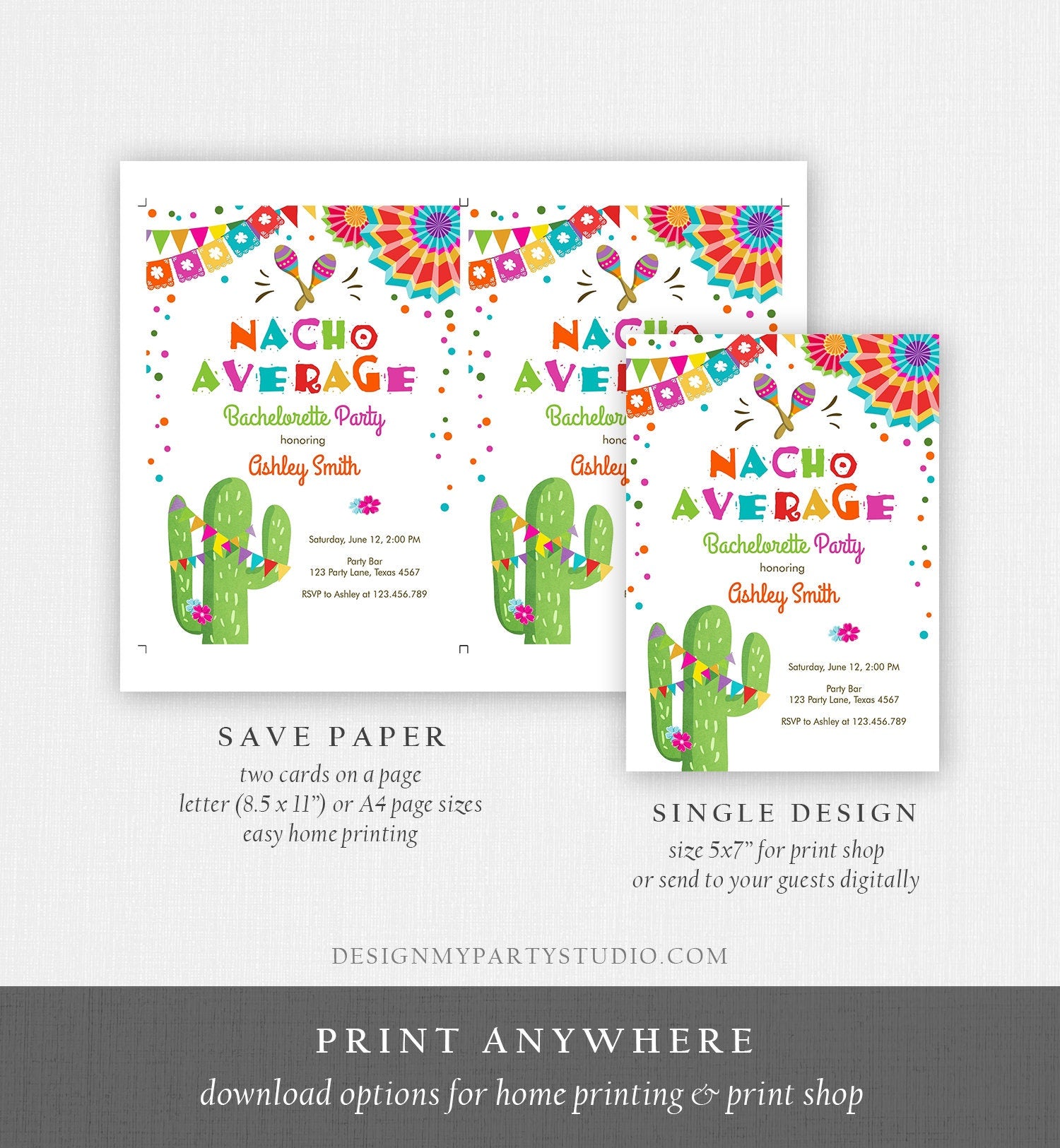 Editable Nacho Average Bachelorette Party Invitation Cactus Pink Let's Fiesta Mexican Bridal Shower Digital Download Template Printable 0045