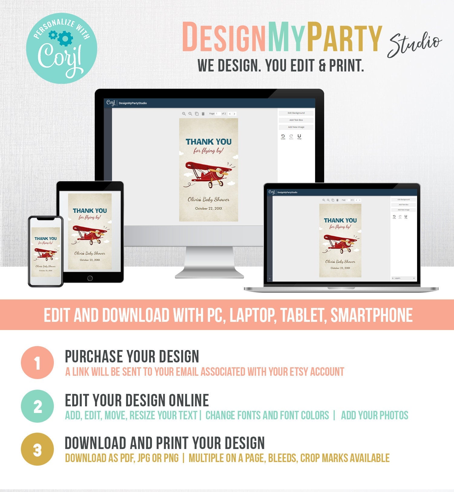 Editable Vintage Airplane Favor Tag Baby Shower Birthday Thank You Flying By Gift Tag Label Red Blue Boy Digital Template Printable 0011