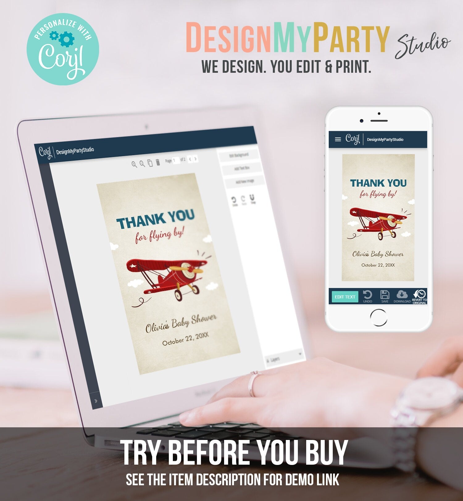 Editable Vintage Airplane Favor Tag Baby Shower Birthday Thank You Flying By Gift Tag Label Red Blue Boy Digital Template Printable 0011