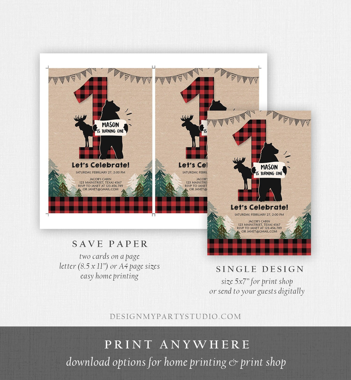 Editable Lumberjack Birthday Invitation Rustic Woodland Birthday Bear Cub Forest Red Plaid First Birthday Printable Template Digital 0026