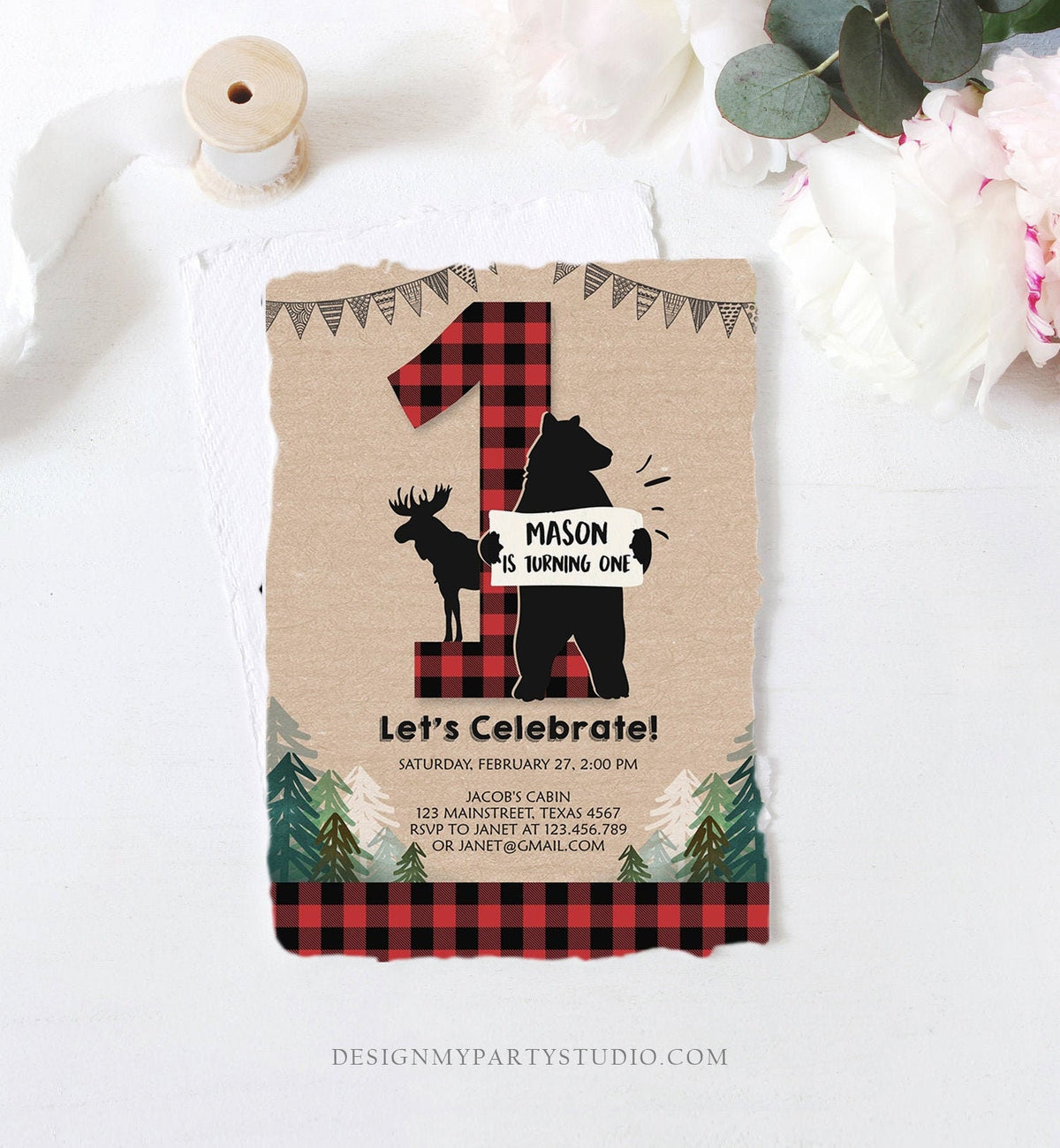 Editable Lumberjack Birthday Invitation Rustic Woodland Birthday Bear Cub Forest Red Plaid First Birthday Printable Template Digital 0026