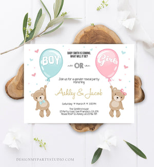 Editable Gender Reveal Invitation Teddy Bear Boy or Girl Blue or Pink He or She Bear Woodland Download Printable Template Corjl 0025