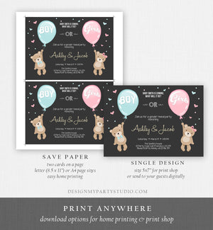 Editable Gender Reveal Invitation Teddy Bears Boy or Girl Blue or Pink He or She Bear Woodland Download Printable Template Corjl 0025
