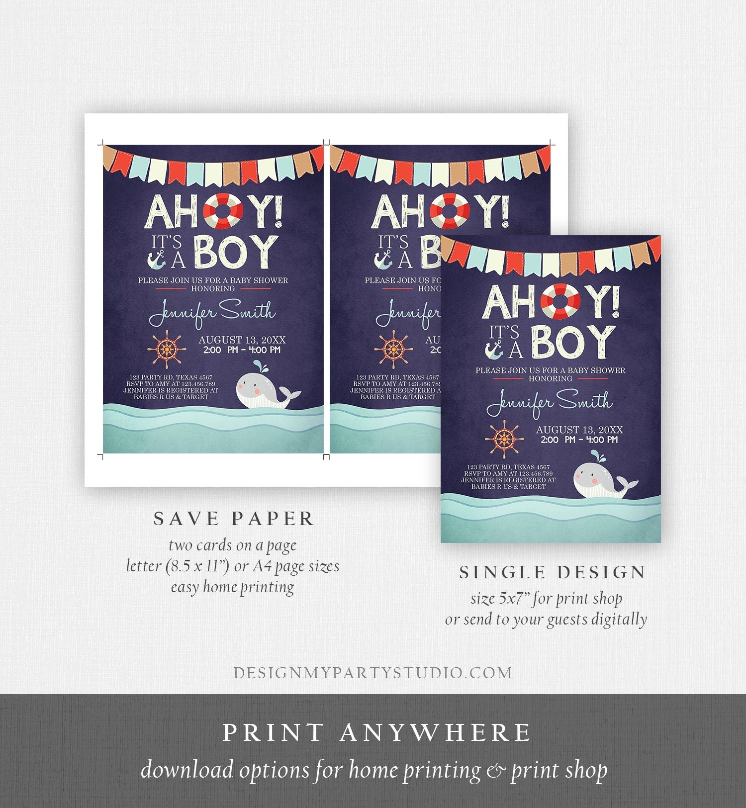 Editable Nautical Baby Shower Invitation Ahoy Its A Boy invite It's A Boy Whale Ocean Red Navy Blue Digital Corjl Template Printable 0018