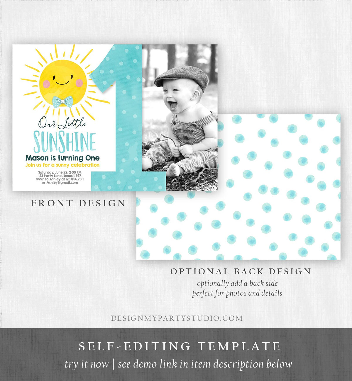 Editable Our Little Sunshine Birthday Invitation Boy Sunshine Party Blue Summer 1st First Birthday Digital Download Template Printable 0141