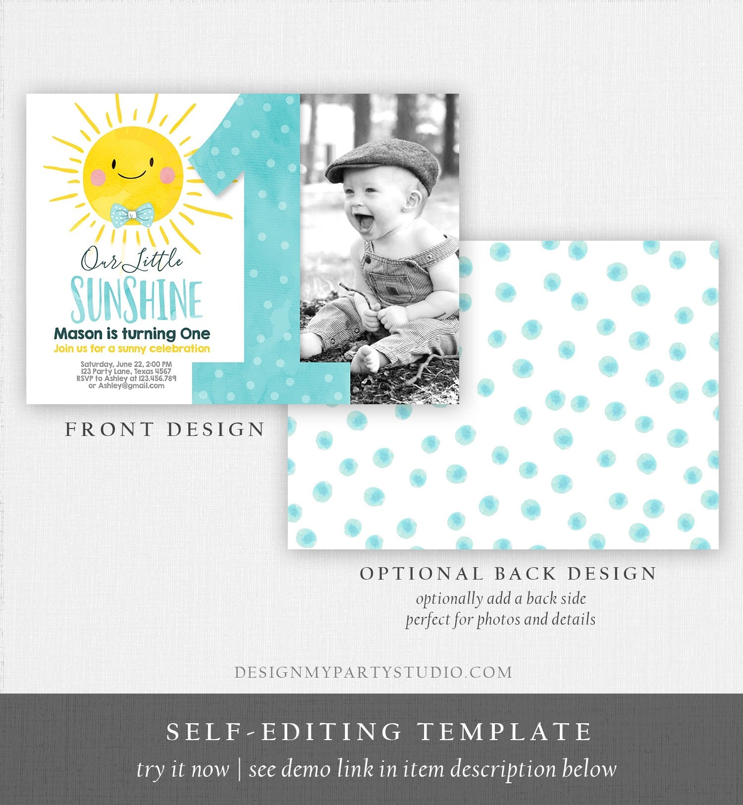 Editable Our Little Sunshine Birthday Invitation Boy Sunshine Party Blue Summer 1st First Birthday Digital Download Template Printable 0141