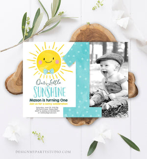 Editable Our Little Sunshine Birthday Invitation Boy Sunshine Party Blue Summer 1st First Birthday Download Printable Corjl Template 0141