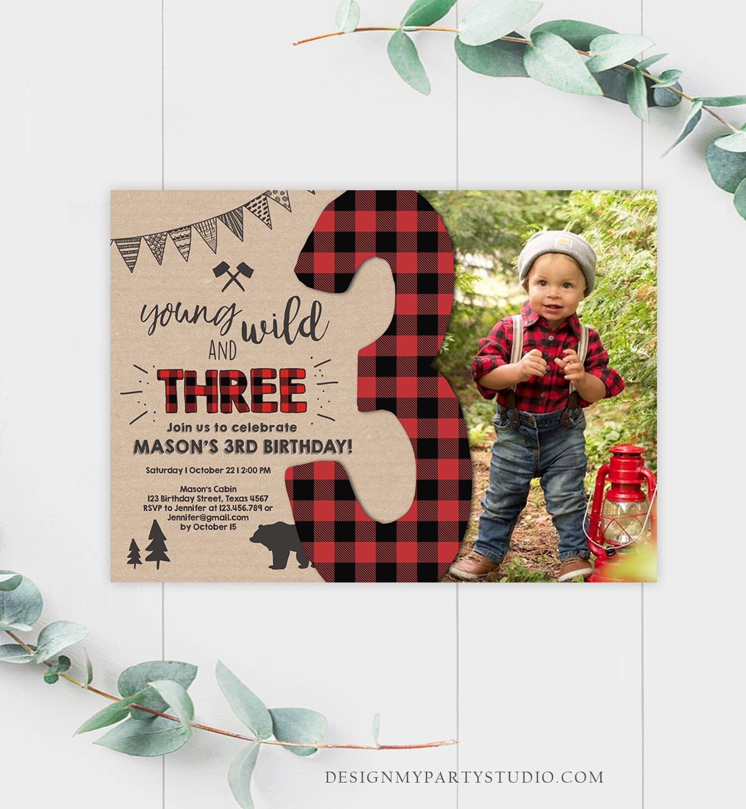 Editable Lumberjack Young Wild and Three Birthday Invitation Third Birthday 3rd Woodland Bear Red Plaid Boy Printable Corjl Template 0026