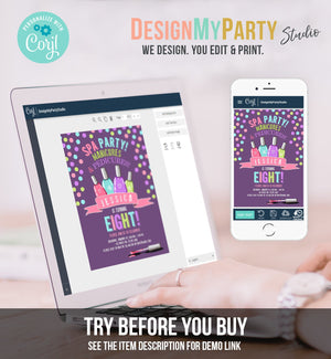 Editable Spa Birthday Invitation Manicures Pedicure Nail Salon Party Purple Polish Posh Girl Download Printable Corjl Template Digital 0210