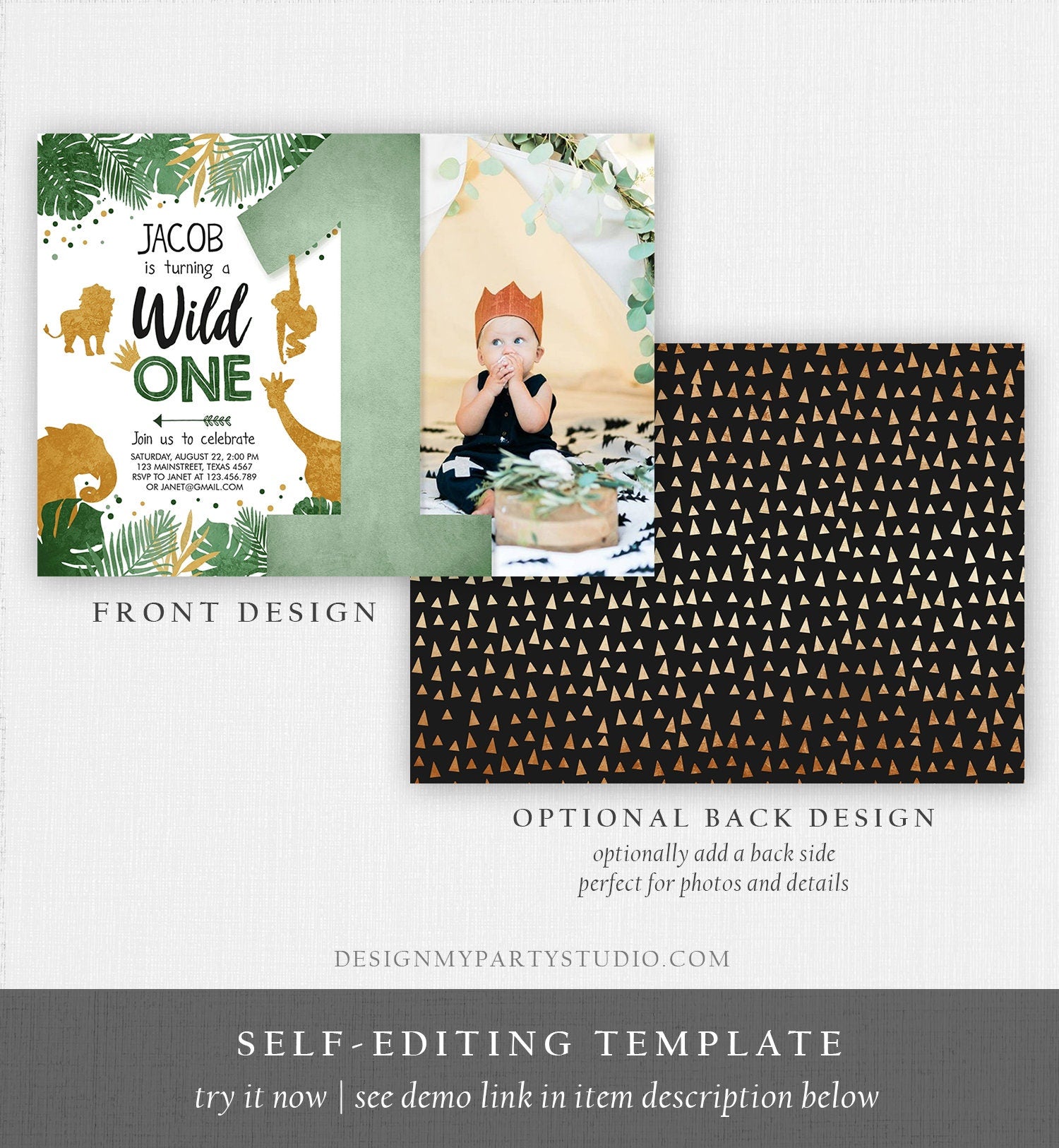 Editable Wild One Birthday Invitation Safari Animals Green Gold Jungle Zoo Party Animals First Birthday 1st Digital Template Printable 0016