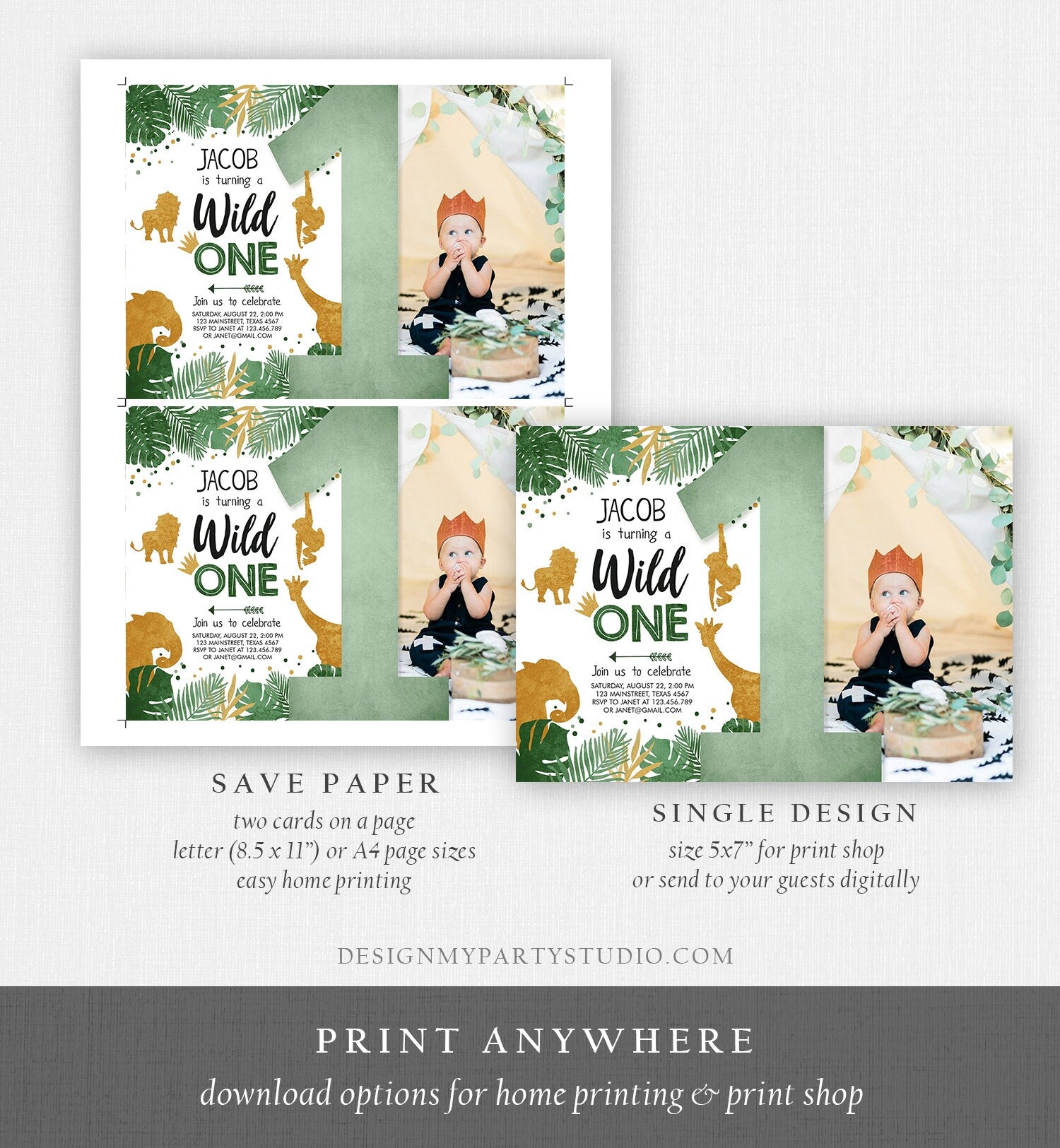 Editable Wild One Birthday Invitation Safari Animals Green Gold Jungle Zoo Party Animals First Birthday 1st Digital Template Printable 0016