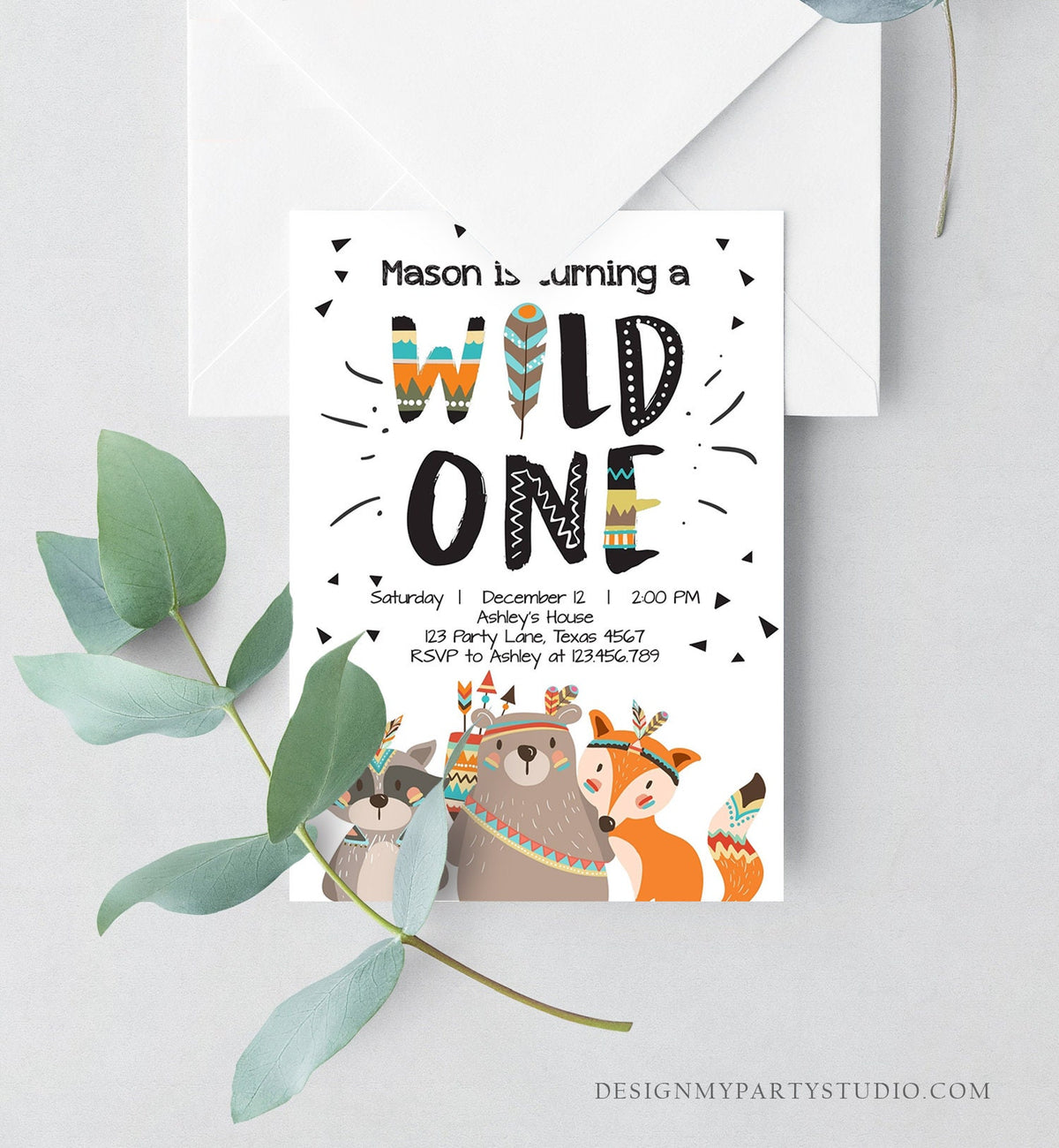 Editable Tribal Wild One Birthday Invitation Boho Woodland Animals Boy First Birthday Party Download Printable Corjl Template Digital 0061