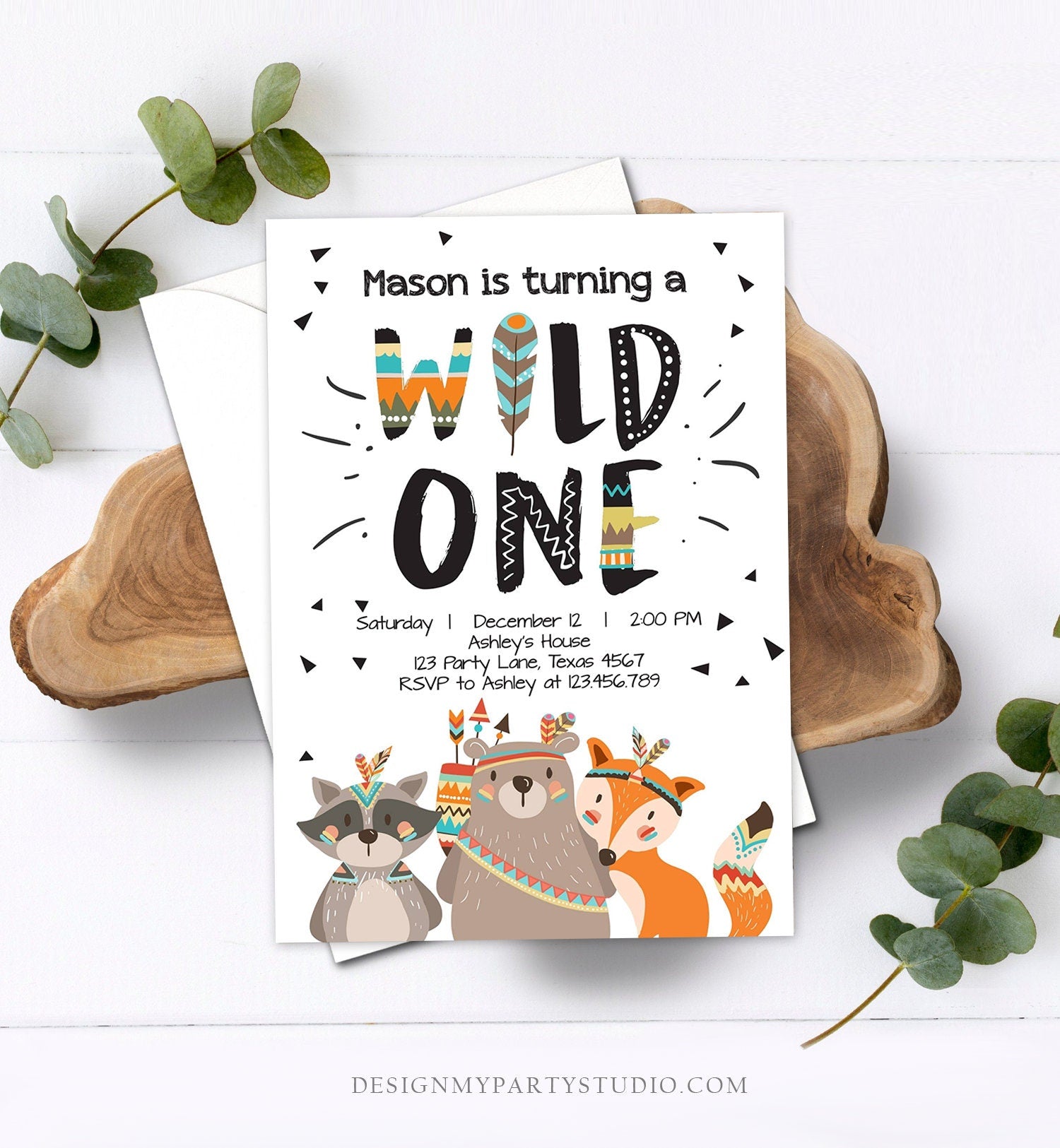 Editable Tribal Wild One Birthday Invitation Boho Woodland Animals Boy First Birthday Party Download Printable Corjl Template Digital 0061