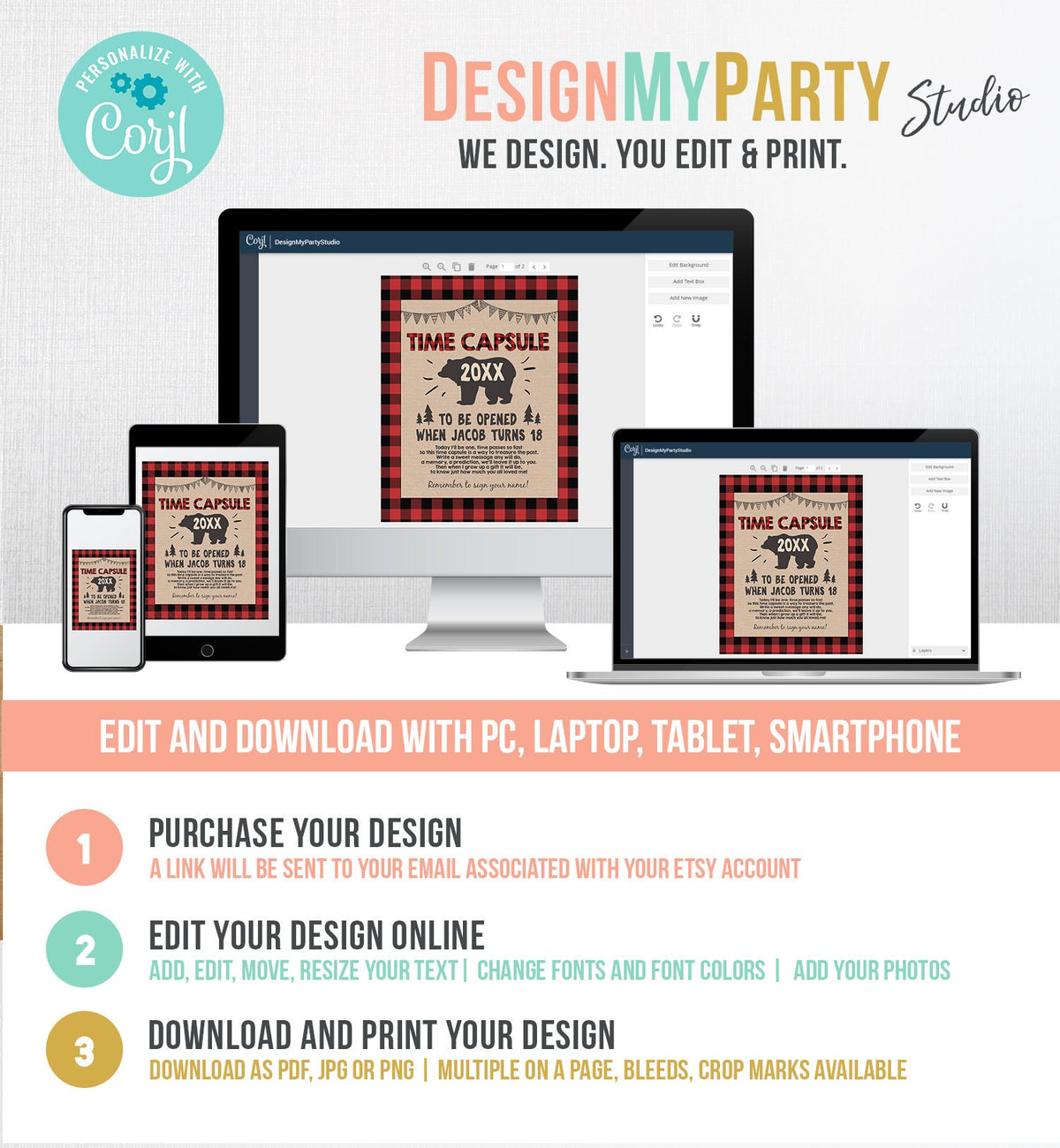 Editable Lumberjack Time Capsule First Birthday Party Game Bear Buffalo Plaid Guestbook Digital Download Template Printable 0026