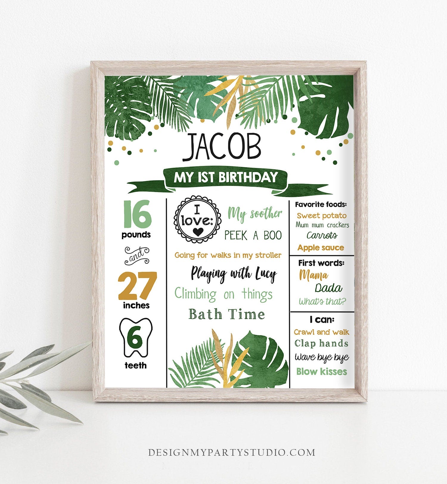 Editable Safari Birthday Milestones Sign Wild One First Birthday Safari Zoo 1st Leaves Tropical Safari Animals Corjl Template Printable 0332