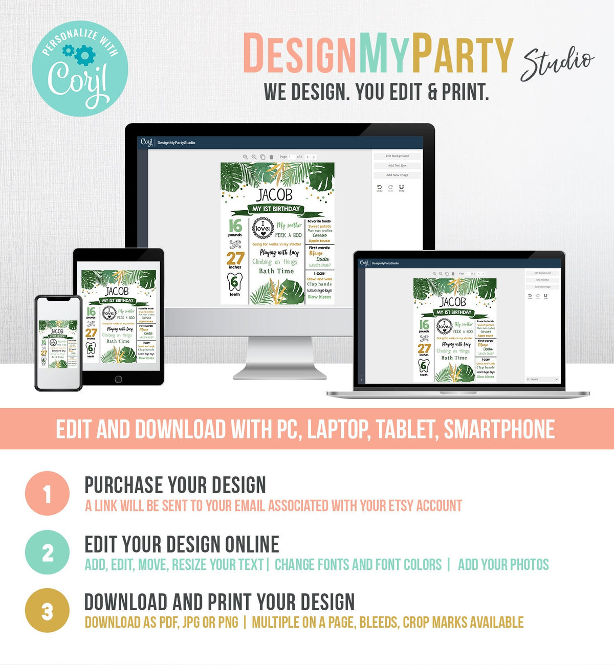 Editable Safari Birthday Milestones Sign Wild One First Birthday Safari Zoo 1st Leaves Tropical Safari Animals Corjl Template Printable 0332