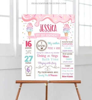 Editable Ice Cream Birthday Milestones Sign Girl Pink First Birthday Chalkboard 1st Cone Sweet Poster Download Corjl Template Printable 0243
