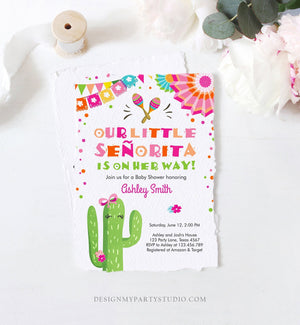 Editable Little Senorita Fiesta Baby Shower Invitation Cactus Mexican Succulent Señorita on the Way Pink Purple Download Corjl Template 0045