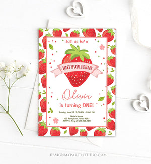 Editable Strawberry Birthday Invitation First Birthday Berry Special Girl Farmers Market Download Printable Invite Template Corjl 0091